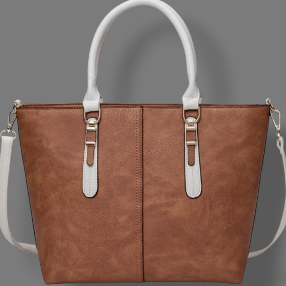🛑BOGO 1/2🆕Luggage Brown/White Vegan Leather Satchel